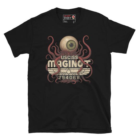 Black T-shirt featuring T-Ocellus with USCSS Maginot text – Retro sci-fi horror design from Alien Earth.