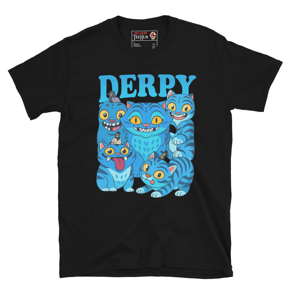 K-Pop Demon Hunters DERPY Demon Black T-Shirt featuring blue cartoon demon with playful expressions – Exclusive McLaren T-Hub design