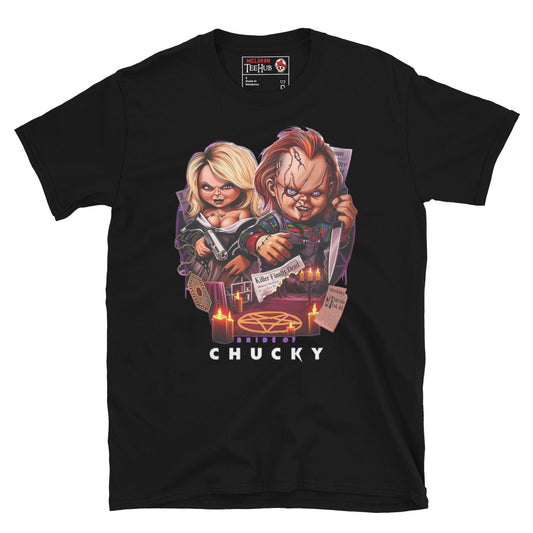 Black T-shirt featuring a vibrant Bride of Chucky design with Chucky and Tiffany, candles, voodoo symbols, and horror aesthetic