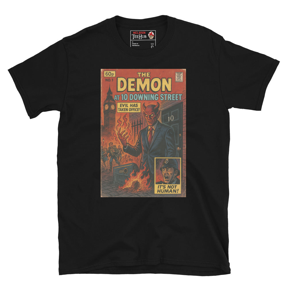 Retro comic-style black T-shirt design featuring The Demon at 10 Downing Street with fiery London chaos, exclusive to McLaren T-Hub.