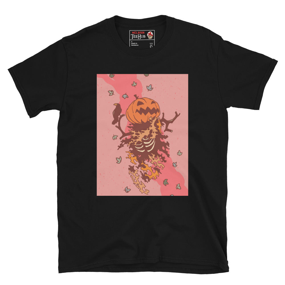 Black T-shirt with a fiery skeleton design featuring a jack-o’-lantern pumpkin head, raven, autumn leaves, and Halloween horror aesthetic – McLaren TeeHub exclusive.