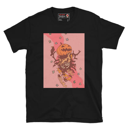 Black T-shirt with a fiery skeleton design featuring a jack-o’-lantern pumpkin head, raven, autumn leaves, and Halloween horror aesthetic – McLaren TeeHub exclusive.