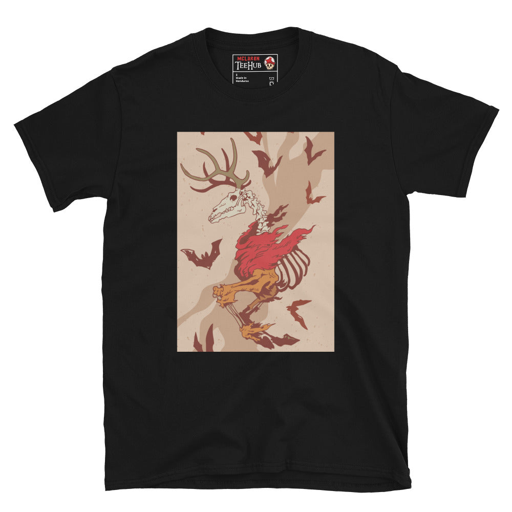 Wendigo Horror T-Shirt – black tee with skeletal stag skull and bats – McLaren TeeHub exclusive