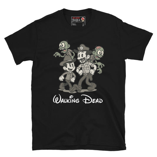 Walking Dead Retro Cartoon Black T-Shirt featuring Rick Grimes, Carl, and zombies in vintage animation style – Exclusive McLaren T-Hub Horror Streetwear