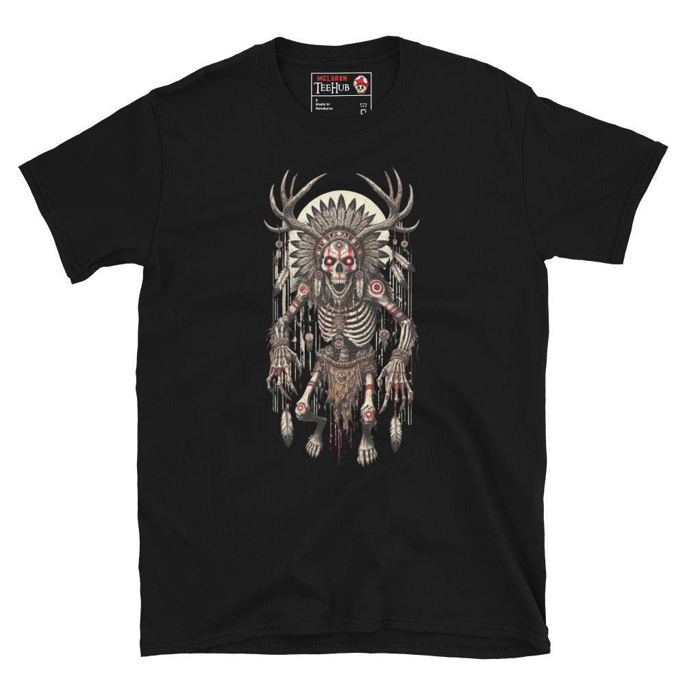 Black T-shirt featuring a detailed Wendigo design with skeletal body, antler crown, tribal feathers, and haunting horror aesthetic