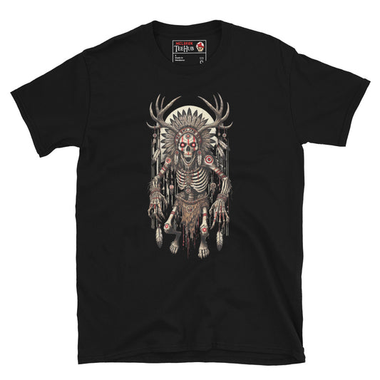 Black T-shirt featuring a detailed Wendigo design with skeletal body, antler crown, tribal feathers, and haunting horror aesthetic