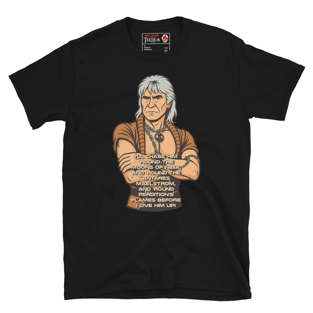 Stylized cartoon of Khan Noonien Singh from Star Trek II: The Wrath of Khan with famous quote printed below, exclusive McLaren TeeHub T-shirt. Black Colour.