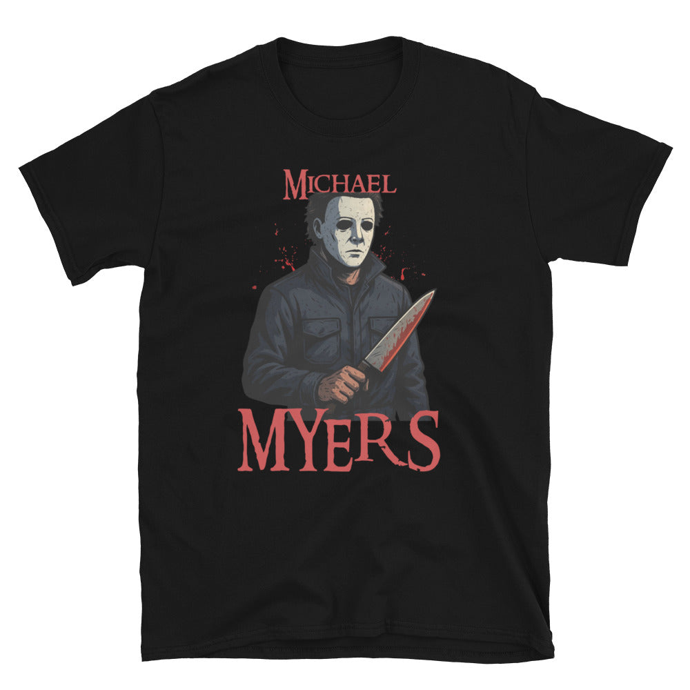 Michael Myers horror Black T-shirt – Halloween slasher graphic tee with bloody knife design, exclusive to McLaren TeeHub.