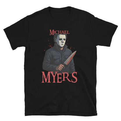 Michael Myers horror Black T-shirt – Halloween slasher graphic tee with bloody knife design, exclusive to McLaren TeeHub.
