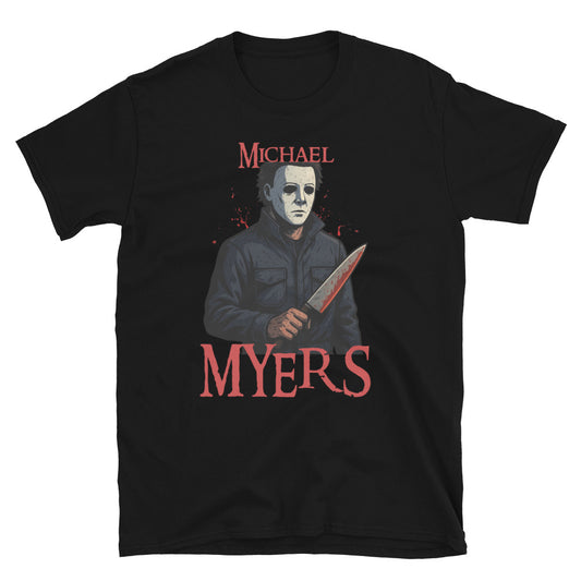Michael Myers horror Black T-shirt – Halloween slasher graphic tee with bloody knife design, exclusive to McLaren TeeHub.