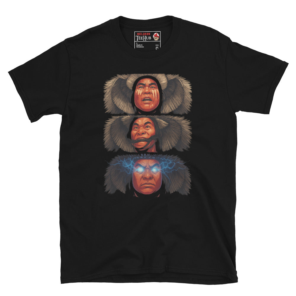 Three Storms inspired t-shirt featuring Thunder Rain and Lightning character artwork from the classic fantasy action cult movie Big Trouble in Little China. Black 