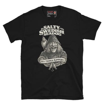  Inspector Clouseau Salty Swedish Seadog t-shirt with vintage nautical illustration of fisherman character and retro typography, black