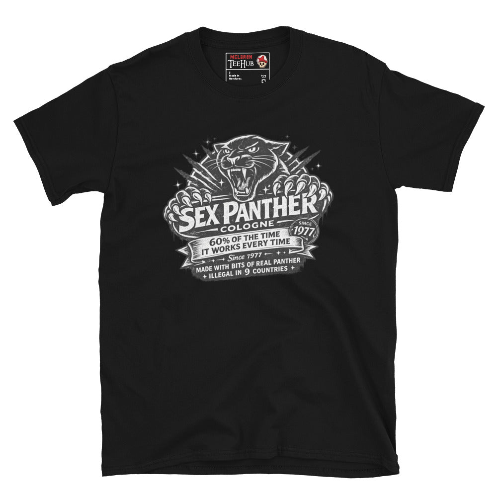 Sex Panther Cologne t-shirt with vintage label design and panther graphic inspired by Anchorman movie Black