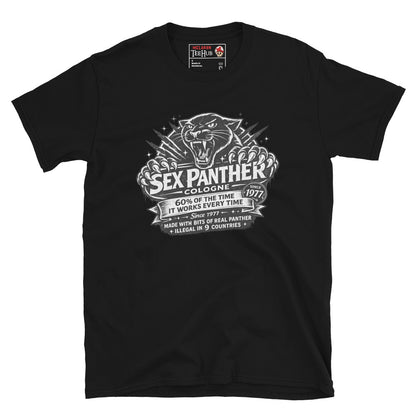 Sex Panther Cologne t-shirt with vintage label design and panther graphic inspired by Anchorman movie Black