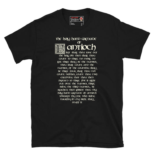Holy Hand Grenade of Antioch inspired t-shirt featuring medieval illuminated manuscript typography and famous comedy quote. Black