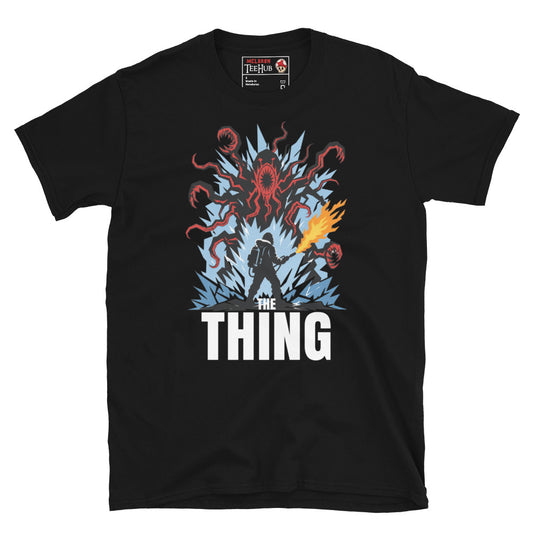 The Thing horror movie t-shirt featuring alien creature artwork and a flamethrower survivor in an Antarctic horror scene. Black