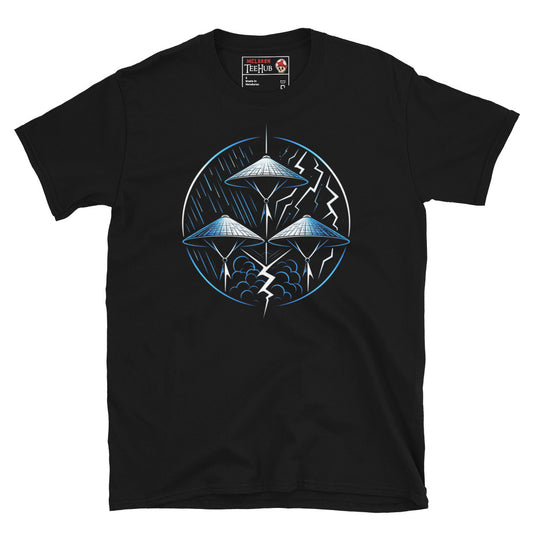 Three Storms inspired t-shirt featuring minimalist fantasy artwork based on the legendary warriors from a beloved 1980s cult classic Big Trouble in Little China. Black