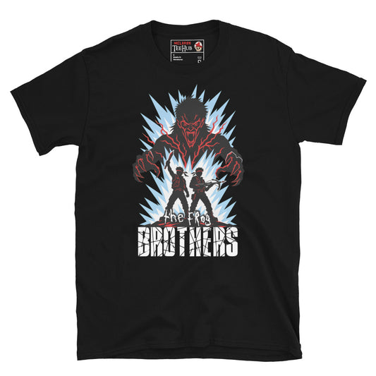 Frog Brothers Lost Boys inspired t-shirt featuring vampire hunters facing a monstrous creature in a retro horror graphic design. Black