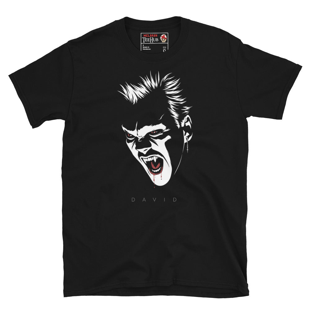 David vampire The Lost Boys inspired t-shirt featuring minimalist monochrome horror artwork with red eyes and vampire fangs. Black