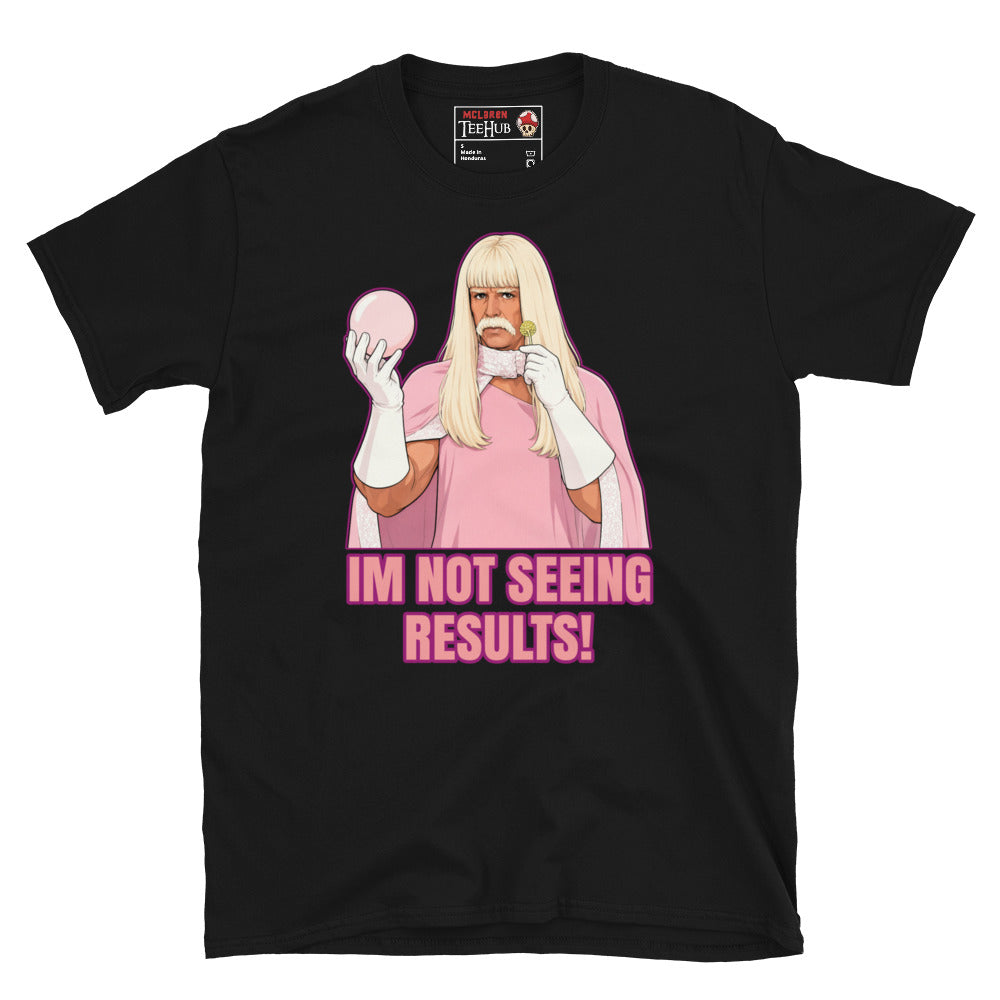 Gentlemen Broncos inspired t-shirt featuring humorous comedy artwork and the phrase I'm Not Seeing Results. Black