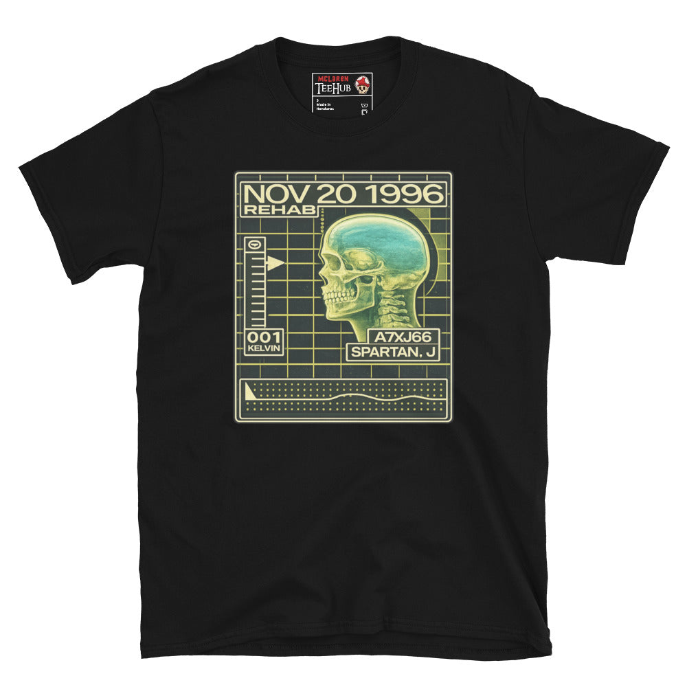 John Spartan The Demolition Man Cryo Readout inspired t-shirt featuring futuristic rehabilitation scanner artwork and retro sci-fi interface design. Black