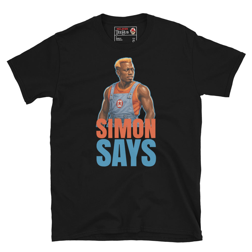 Simon Says inspired t-shirt featuring the villain Simon Phoenix from the classic sci-fi action movie Demolition Man. Black