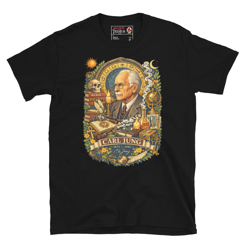 Detailed Carl Jung psychology graphic t-shirt featuring archetypes, alchemy, dream symbolism, books and analytical psychology imagery. Black