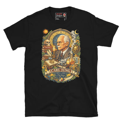 Detailed Carl Jung psychology graphic t-shirt featuring archetypes, alchemy, dream symbolism, books and analytical psychology imagery. Black