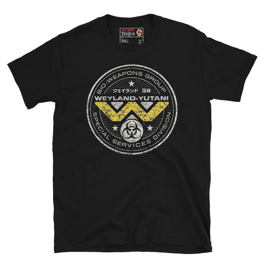 Black Weyland-Yutani Bio-Weapons Division T-Shirt with distressed badge graphic from the Alien movie franchise