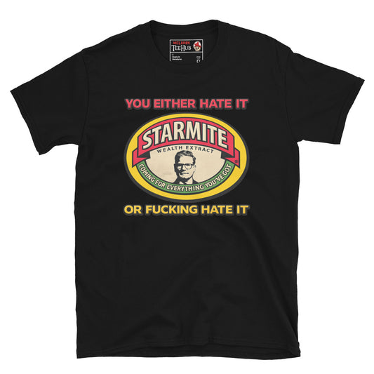 Funny Starmite Wealth Extract political parody graphic t-shirt with vintage food label inspired artwork and satirical slogan, black