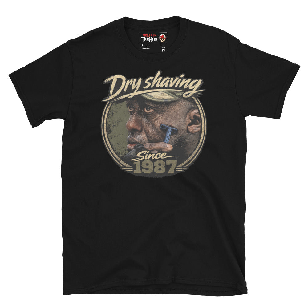 Black Predator 1987 Dry Shaving Since 1987 T-Shirt with distressed vintage portrait graphic of Mac