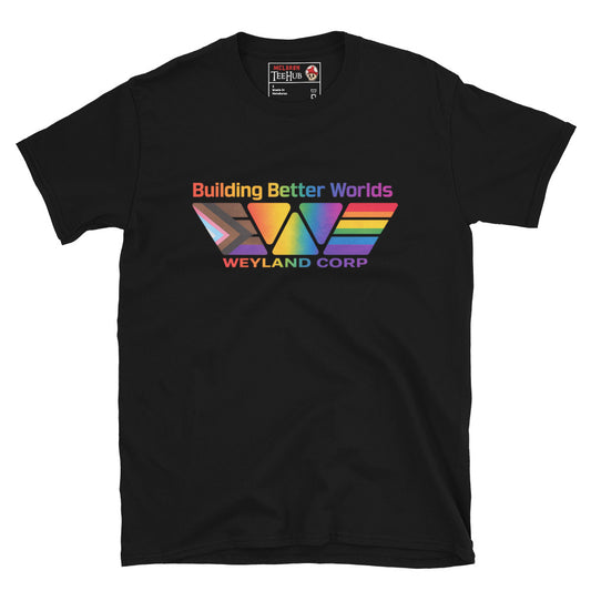 Black Weyland Corp Building Better Worlds Progress Pride t-shirt with full Progress Pride flag rainbow and chevron colours through iconic Weyland Corp logo