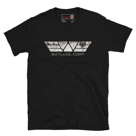 Black Weyland Corp distressed logo t-shirt with heavily cracked aged white Weyland Corp graphic and distressed typography on premium black tee