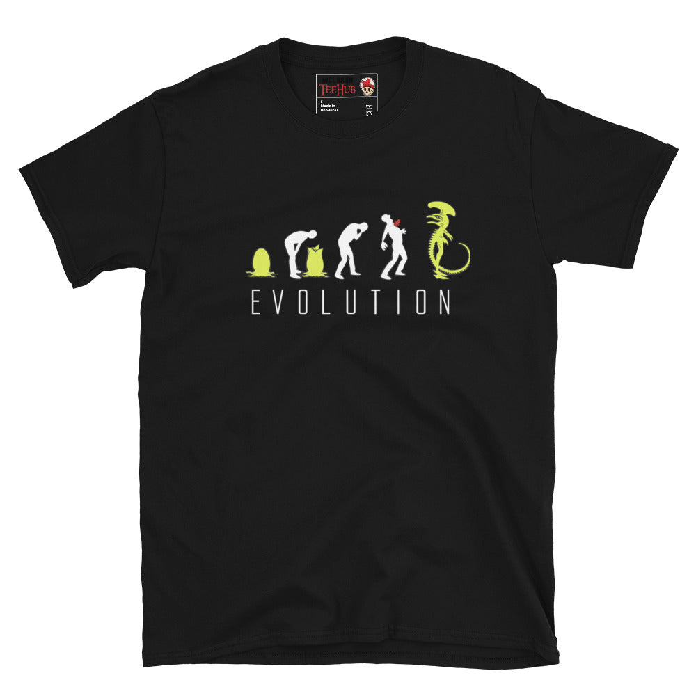 Black Alien Xenomorph Evolution t-shirt with March of Progress parody graphic showing egg facehugger chestburster and full Xenomorph silhouette