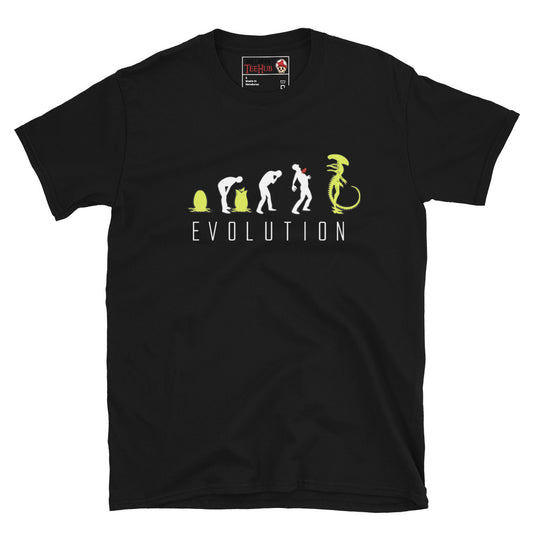Black Alien Xenomorph Evolution t-shirt with March of Progress parody graphic showing egg facehugger chestburster and full Xenomorph silhouette