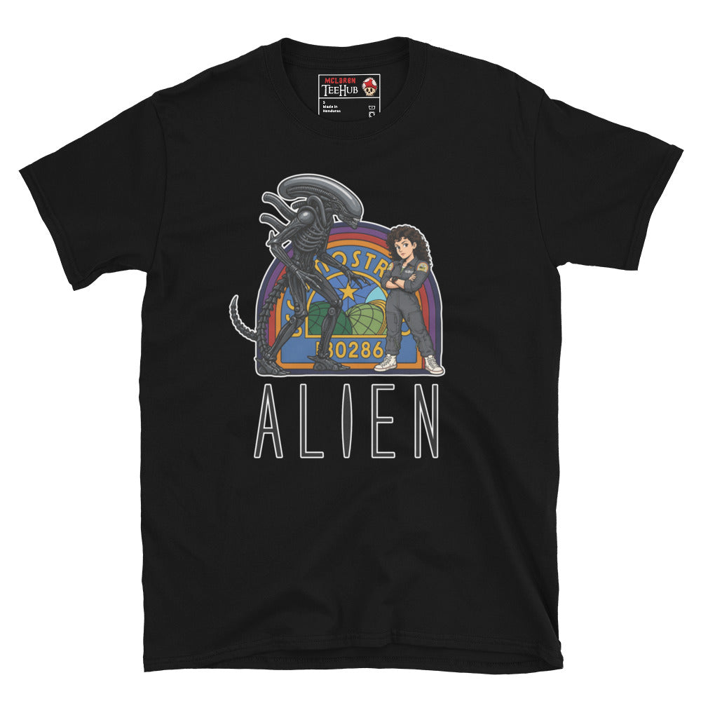 Black Alien movie retro poster t-shirt featuring Ellen Ripley leaning against Xenomorph in front of Nostromo badge with rainbow colours and ALIEN typography