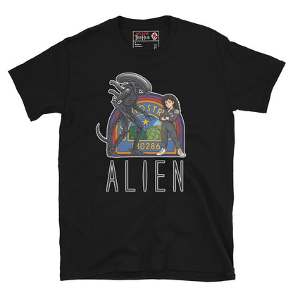 Black Alien movie retro poster t-shirt featuring Ellen Ripley leaning against Xenomorph in front of Nostromo badge with rainbow colours and ALIEN typography