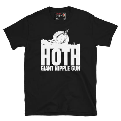 Black Hoth Giant Nipple Gun Star Wars parody t-shirt with white ion cannon illustration emerging from snow and bold Hoth Giant Nipple Gun typography