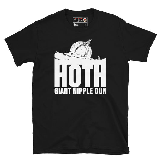 Black Hoth Giant Nipple Gun Star Wars parody t-shirt with white ion cannon illustration emerging from snow and bold Hoth Giant Nipple Gun typography