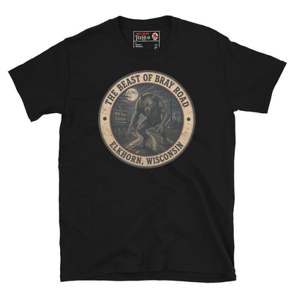 Black Beast of Bray Road Elkhorn Wisconsin t-shirt with vintage distressed badge featuring snarling werewolf figure on moonlit road with Bray Road signpost