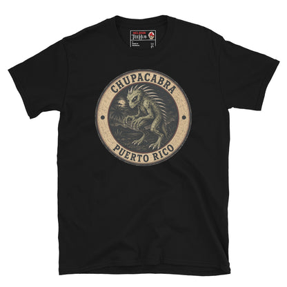 Black Chupacabra Puerto Rico t-shirt with vintage distressed badge featuring original reptilian Chupacabra with scaled body dorsal spines alien eyes and claws in tropical night scene.