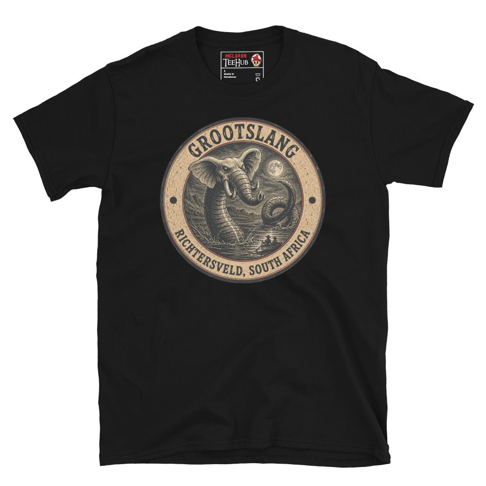 Black Grootslang Richtersveld South Africa t-shirt with vintage distressed badge featuring elephant headed serpent cryptid rising from moonlit water dwarfing tiny boat figures below.