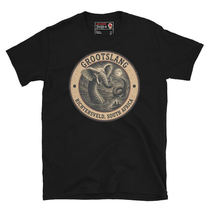 Black Grootslang Richtersveld South Africa t-shirt with vintage distressed badge featuring elephant headed serpent cryptid rising from moonlit water dwarfing tiny boat figures below.