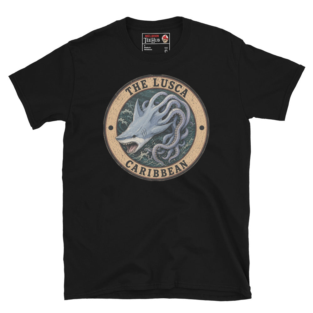 Black Lusca Caribbean sea monster t-shirt with vintage distressed badge featuring half shark half octopus cryptid with open jaws and writhing tentacles in stormy Caribbean waters.