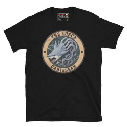 Black Lusca Caribbean sea monster t-shirt with vintage distressed badge featuring half shark half octopus cryptid with open jaws and writhing tentacles in stormy Caribbean waters.