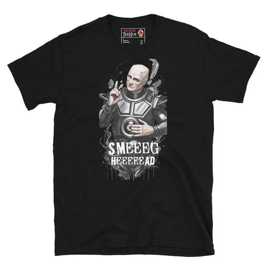 Black Kryten Red Dwarf Smeghead t-shirt with dramatic painted portrait of Series 4000 Mechanoid in mechanoid suit with H-shaped head finger raised and elongated Smeeeg Heeeeead typography