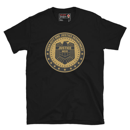Black Judge Dredd Mega-City One Justice Department Seal t-shirt with full circular distressed aged gold medallion featuring eagle shield JUSTICE MC01 nameplate and double star border