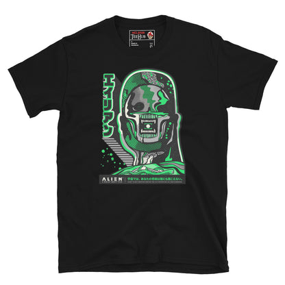 Black Alien 1979 Japanese poster style t-shirt with kaiju manga Xenomorph illustration in acid green and grey with katakana Alien typography and Ridley Scott Film branding