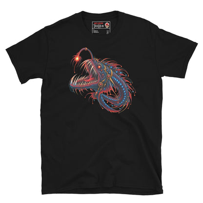 Black dragonfish deep sea fantasy art t-shirt with stunning full body bioluminescent illustration featuring glowing red lure savage fang jaw blue photophore orbs and trailing red gold filaments