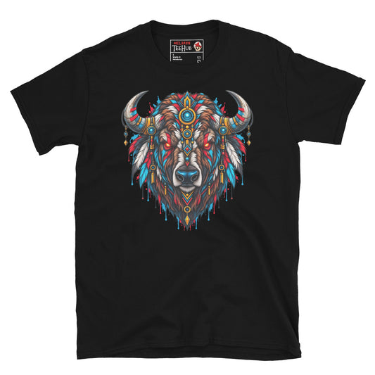 Black bison spirit animal fantasy art t-shirt with breathtaking front-facing bison portrait featuring Native American feather headdress in teal and red glowing red eyes gold sacred geometry and jewelled blue horn orbs